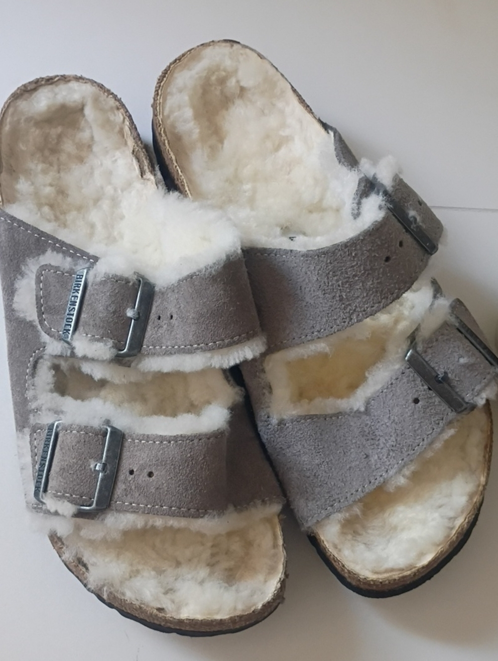 Birkenstock Suede Shearling Lined Arizona Sandals in Taupe/grey NARROW 40 /9